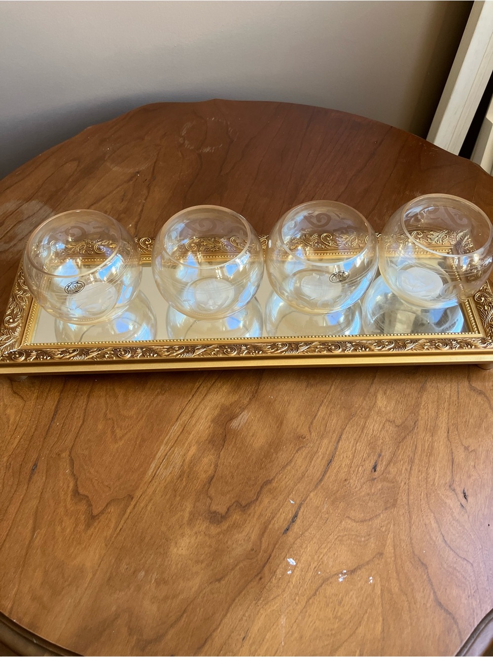Gold Ornate Mirrored Tray with 4 Glass Globe Holders